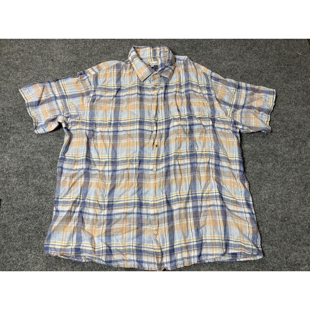 Peter Millar Shirt Mens XL Blue Plaid Linen Short Sleeve Button-Down Casual